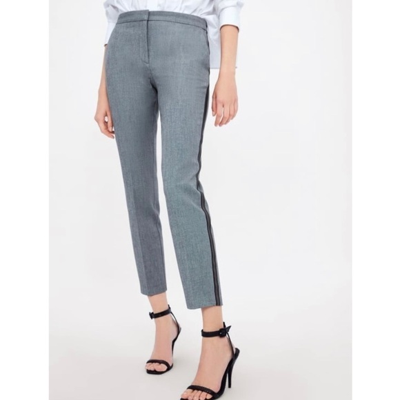 Zara Light Grey Fitted Ankle Mid Rise Tuxedo Trousers Pants Size XS - Picture 1 of 8